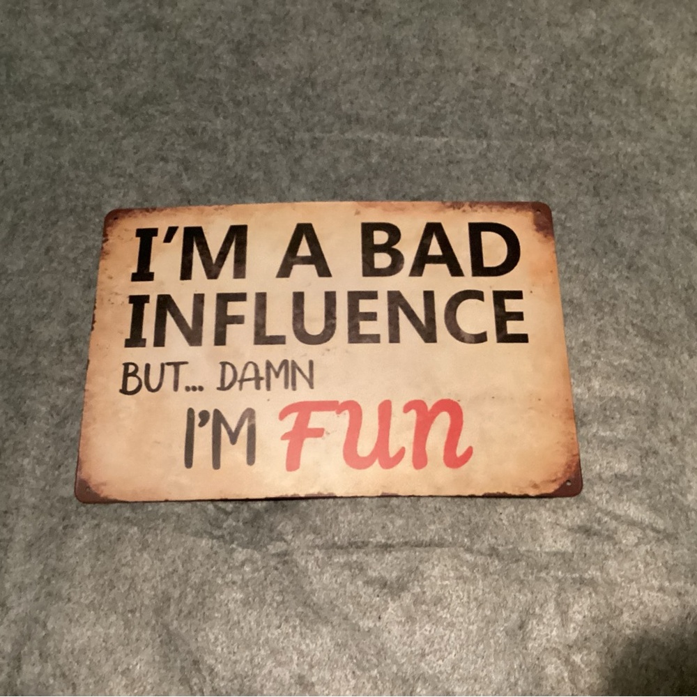 I'm A Bad Influence But Damn I'm Fun Wall Sign - Retro Beige & Red 12”x8”.  D01